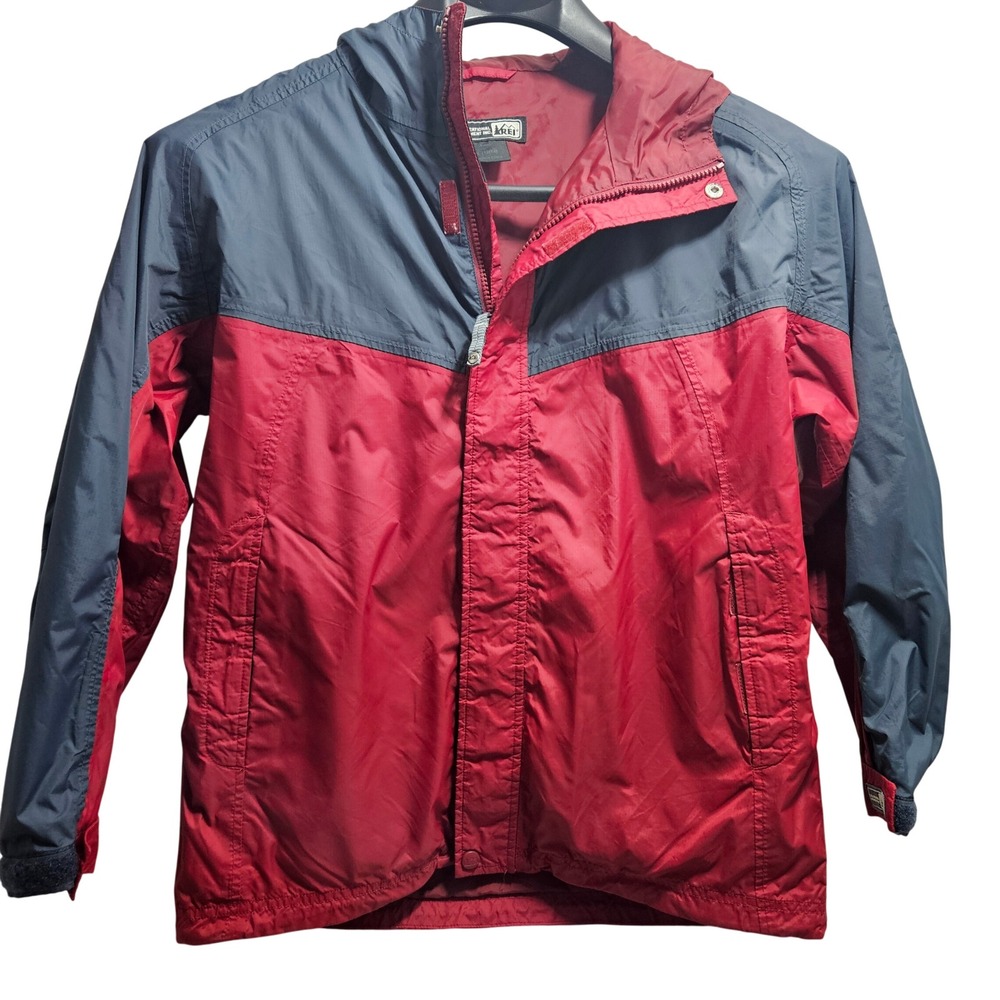 REI‎ Elements Rain Jacket L (12/14) Red Navy Blue Hooded Ripstop Shell 693250